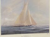 painting of a sailboat in the middle of the ocean with a city in the background