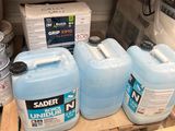 several containers of water sitting on top of a pallet