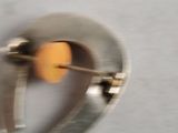 a silver horseshoe with a yellow ball in it