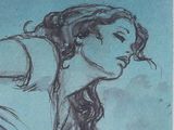 a black and white drawing of a woman with long hair