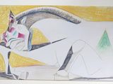 drawing of a woman sitting on a bench with a horse in the background