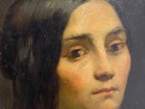 an oil painting of a woman with long hair and a yellow dress