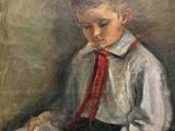 tableau représentant un jeune garçon en chemise blanche et cravate rouge, en train de lire un livre