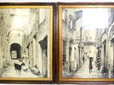 two pictures of a man and a woman walking down the street