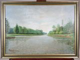 a painting of a river in the middle of a field