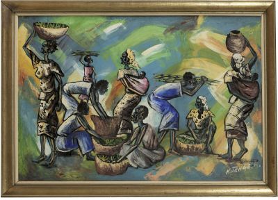 une peinture à l'huile représentant un groupe de personnes portant des paniers sur la tête