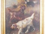 painting of two dogs chasing a dog in a field with other dogs