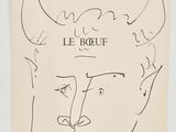 a black and white drawing of a man ' s face with horns on it