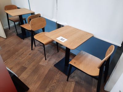 three wooden tables and two chairs in a room