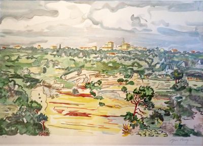 une aquarelle représentant une vue de la ville depuis une colline