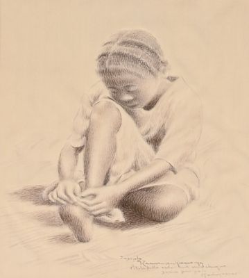 dessin représentant une femme assise par terre, les jambes croisées