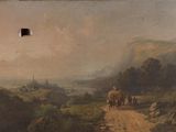 tableau représentant un groupe de personnes à cheval sur un chemin de terre
