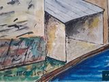a drawing of a building next to a body of water