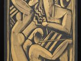an image of a black and gold painting of a man and a woman