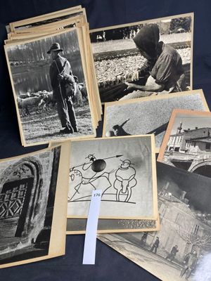 several old black and white photos of a man with a dog on a leash