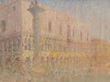 painting of a building with a clock tower in the middle of it