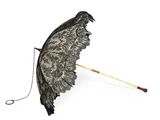 a black lace umbrella with a wooden handle on a white background