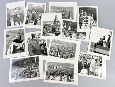 several black and white photos of a man standing in front of a crowd