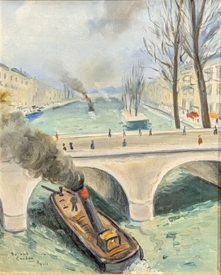 a painting of a boat on a river with a bridge in the background