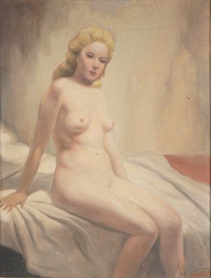 tableau représentant une femme nue assise sur un lit dans une chambre
