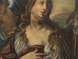 une peinture ancienne représentant une femme tenant un bébé dans ses bras