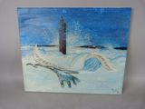 tableau représentant un phare au milieu de l'océan, avec des vagues qui viennent s'écraser contre lui