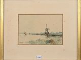 painting of a boat in a body of water with a windmill in the background