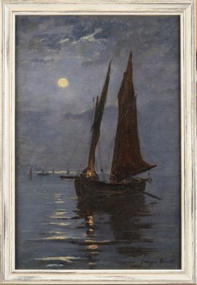 une peinture à l'huile représentant un voilier sur l'eau, avec la pleine lune en arrière-plan