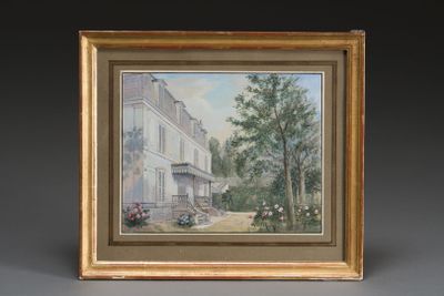 an oil painting of a house with a car parked in front of it