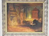 an image of a painting of a room with a bed and a fireplace