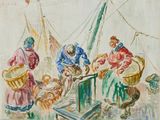 an image of a painting of a group of people working on a boat