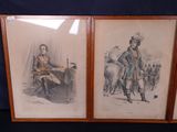 two framed pictures of a man and a woman sitting in front of a cow