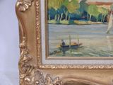 a painting of a man in a boat on the water