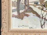 an image of a painting of a snowy landscape with trees in the foreground