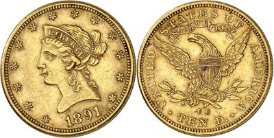 a gold coin with the head of a woman and eagle on it