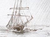 a drawing of a boat in the water with a boat in the background