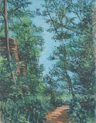 une peinture à l'huile représentant un sentier traversant une forêt, avec un bâtiment en arrière-plan