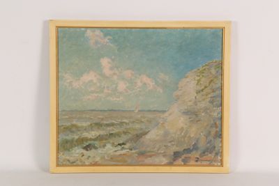 une peinture à l'huile représentant une scène de plage avec une falaise en arrière-plan