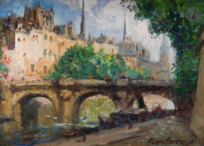 painting of a painting of a bridge over a river with a castle in the background