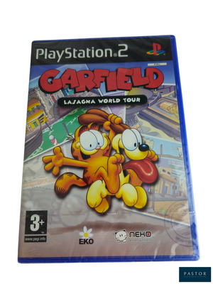 Le jeu vidéo Garfield se trouve sur une surface blanche, dans un boîtier bleu.