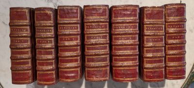 Plusieurs livres anciens sont alignés sur une table en marbre