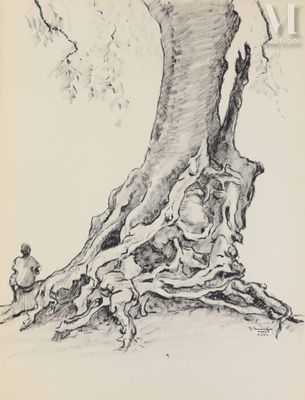 dessin au crayon représentant un garçon assis sous un arbre, regardant le tronc