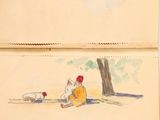 drawing of a person sitting under a tree with a dog