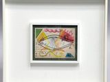 painting in a white frame on a wall with a picture of a bird on it