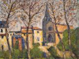 une peinture à l'huile représentant une église et des arbres dans un champ