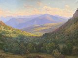 une peinture à l'huile représentant une vallée avec des montagnes en arrière-plan
