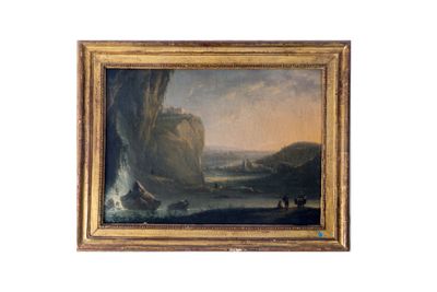 une image représentant une peinture d'une côte rocheuse avec un bateau dans l'eau