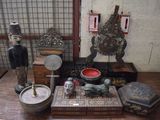 a wooden table with a lot of different items on it