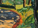 a painting of a stream running through a park