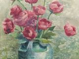 a painting of pink roses in a vase on a table